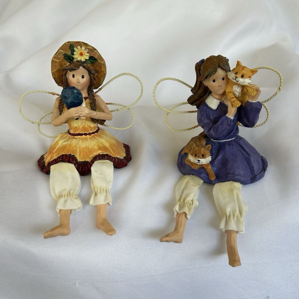 2 VTG Angel Doll Girl Mantle/Table Sitter Cats /Mirror Resin Figurine Country